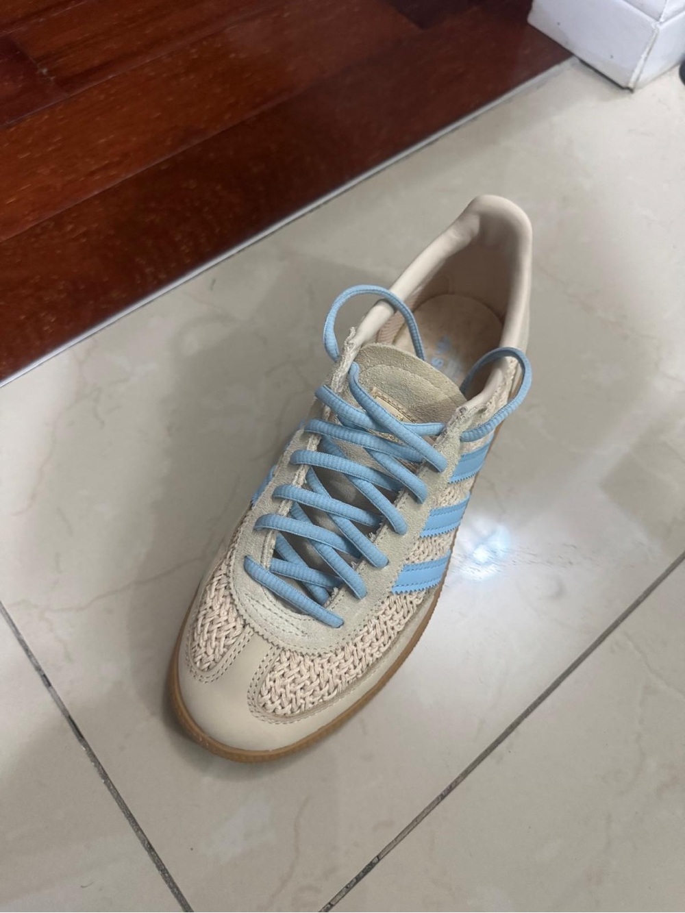 adidas Women’s Spezial Cream Sneaker with Light Blue Stripes